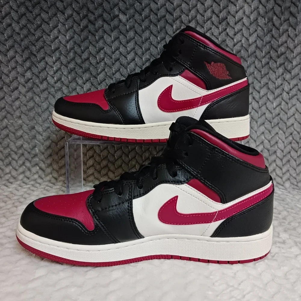 Jordan 1 Mid Bred Toe GS Black Noble Red Youth Basketball Sneakers Shoes Size 6Y